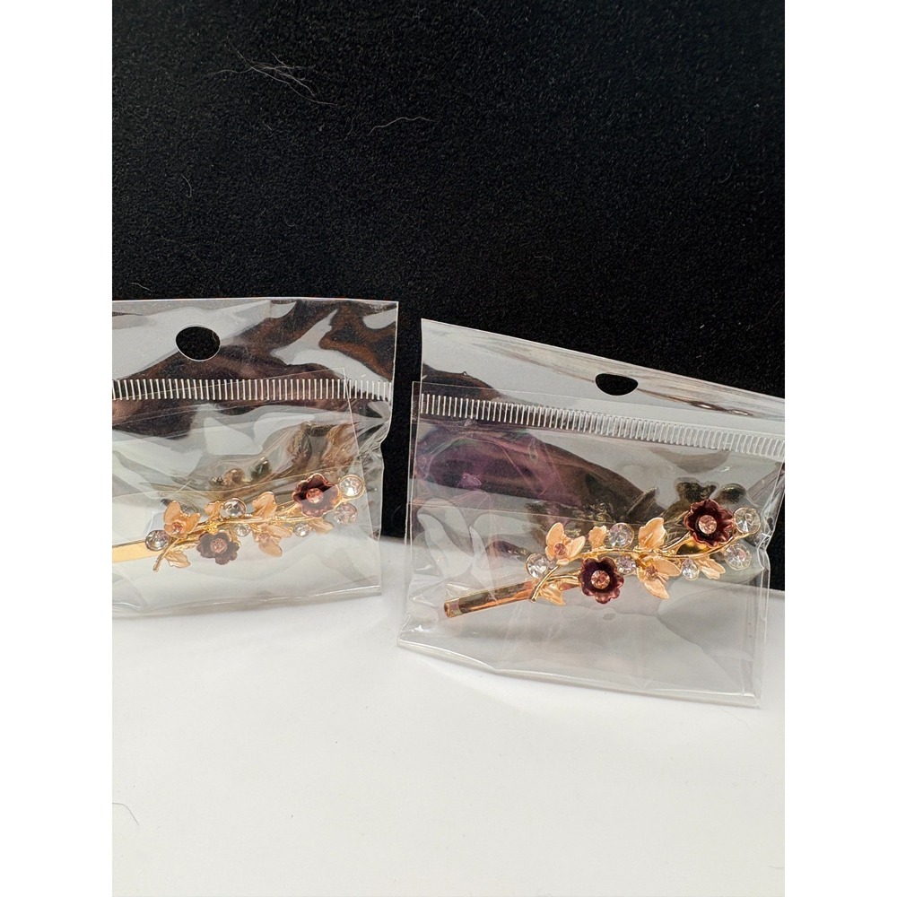 Maroon Floral Barrettes with Cubic Zirconia Set of 2 Gold Tone Hair Clips